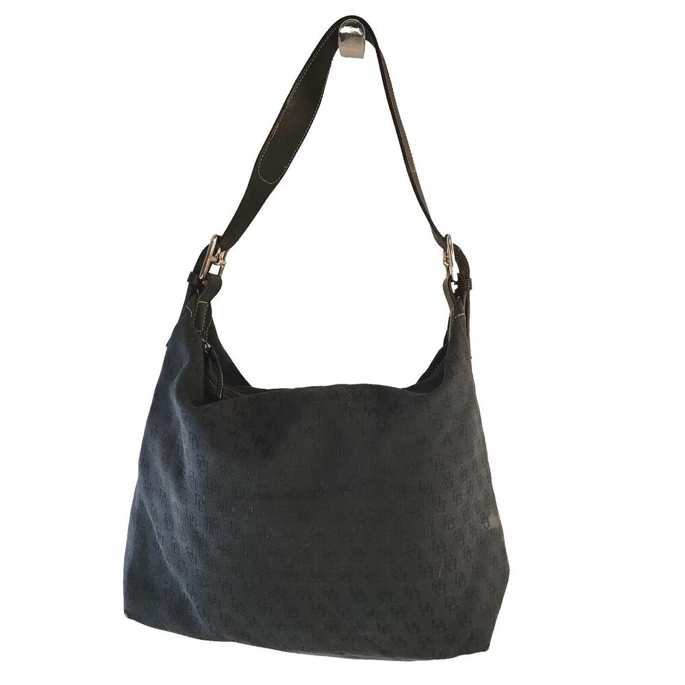 Dooney & Bourke Black Shoulder Bag Purse Handbag DB Logo Canvas Leather Strap